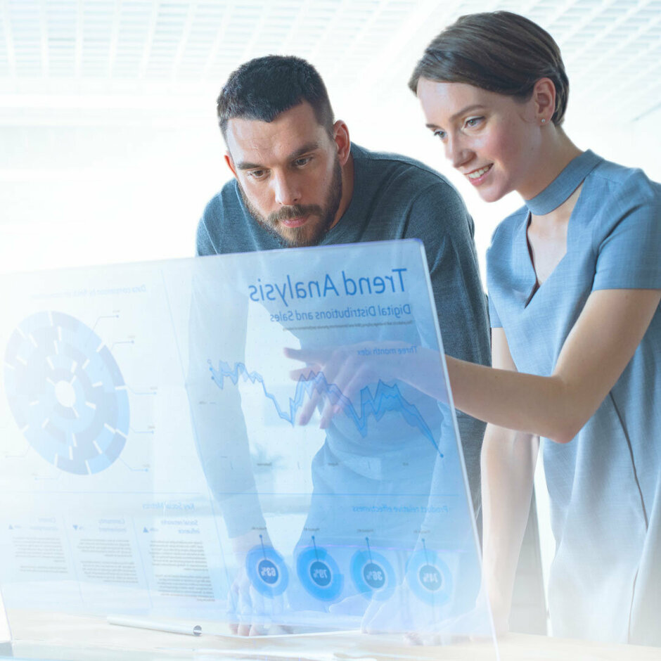 Zwei IT-Consultants sprechen über ein Projekt am Bildschirm